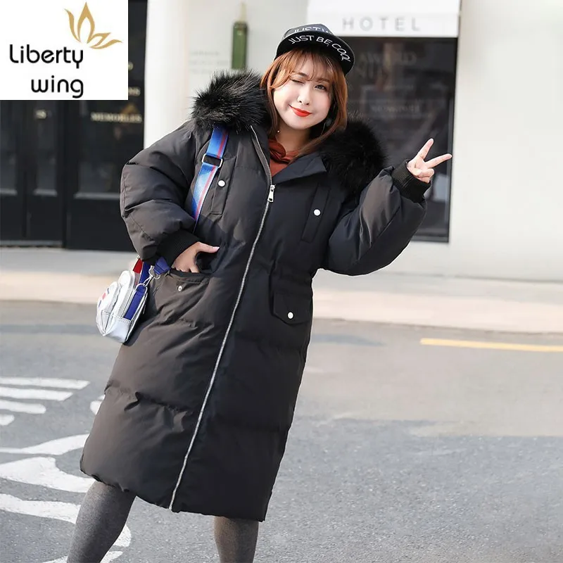 

Plus Size 4XL Parka 2020 New Winter Warm Hooded Down Jacket Female Fashion Solid Color Sleeve Zip Long Overcoat Women