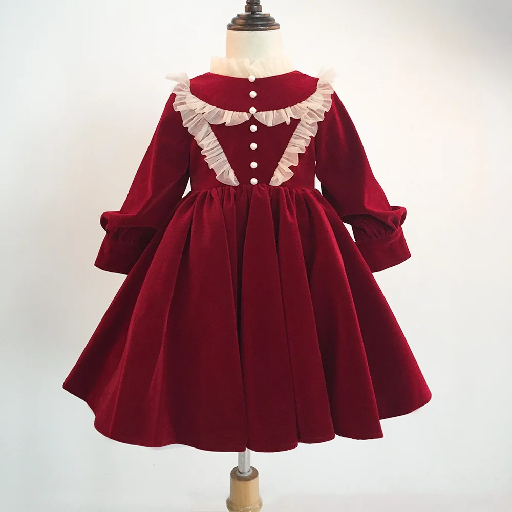 

Red Flower Girl Dress Buttons Velvet Princess Pageant Wedding Clothes Kids Birthday Party Dress Evening Ball Gown