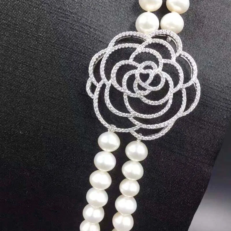 925 Silver tassel pendant Multi- zircon partition accessories large flower 7-8mm pearl necklace accessories sweater chain.30"