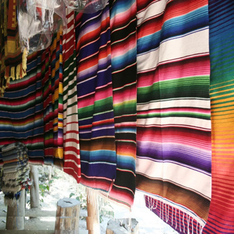 Mexican Serape Blanket Travel Striped Rainbow Beach Blankets Mat with Tassel for Beds Outdoor Picnic Sofa Cover Cotton Fleece