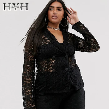 

HYH Haoyihui Plus Size Loose New Fashion Ladies Casual Simple Womens Female Hollow Out Long Sleeve V-neck Lace Suit Jacket