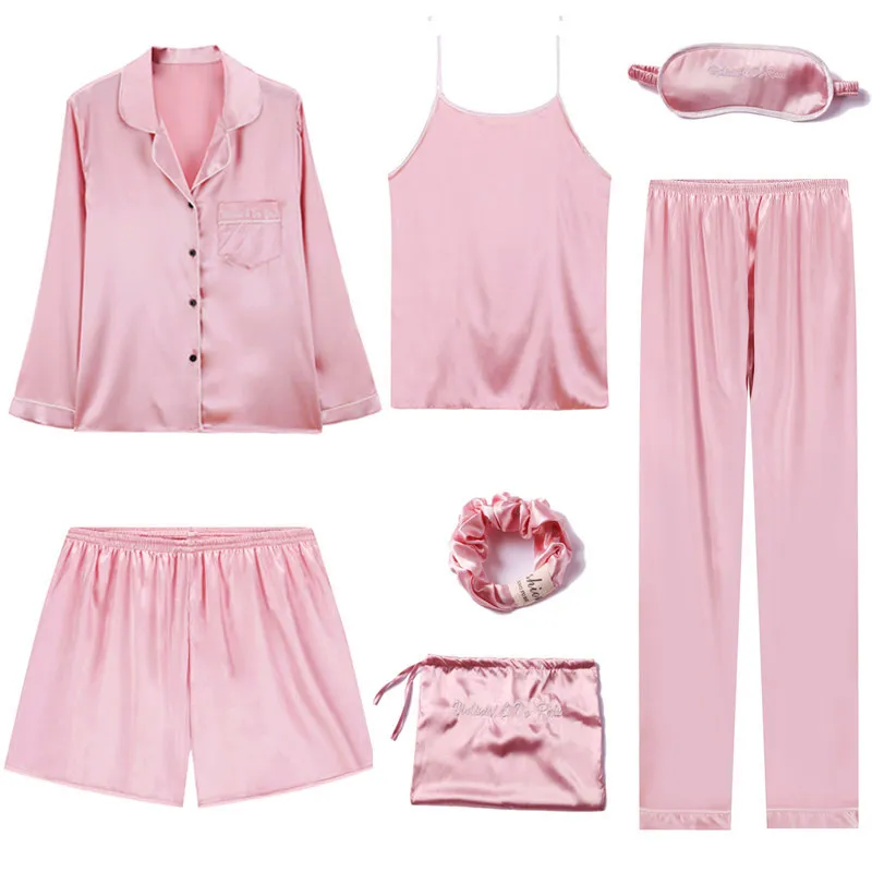 Пижамы женские пижамные комплекты одежда для сна 7 шт./компл. шелк как женская ночная рубашка babydolls женский пижамный комплект с маской для глаз - Цвет: Pink