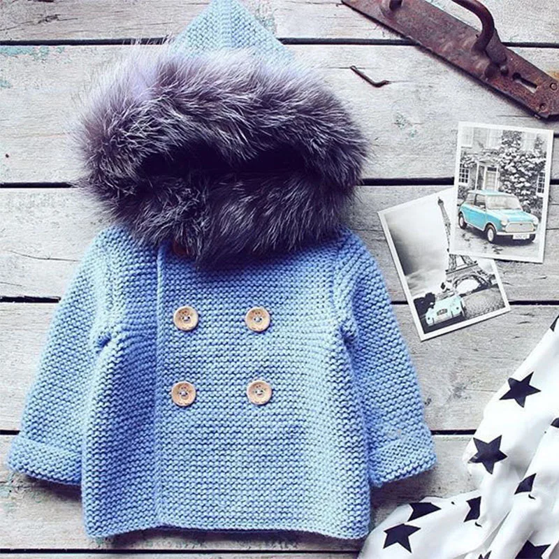 

Kids girl boy knitted sweater japanese style winter girl boy baby hooded kids jumper with fur collar