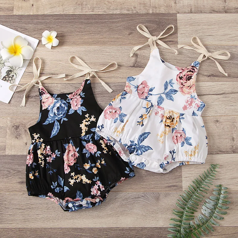 

0-24M Newborn Baby Girl Flower Bodysuit Summer Clothes Floral Bow Spaghetti Straps Romper Infant Sleeveless Casual Jumpsuit