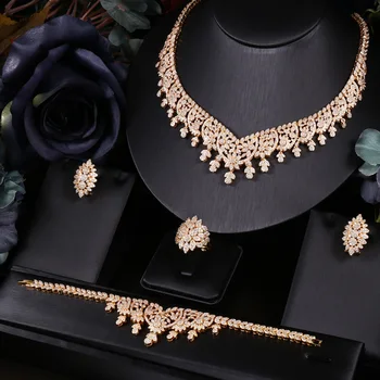 

Accking Luxury 4pcs Gold tassel Trendy Bridal Jewelry Sets Full cubic zirconia For Women Wedding Party Accessories necklace