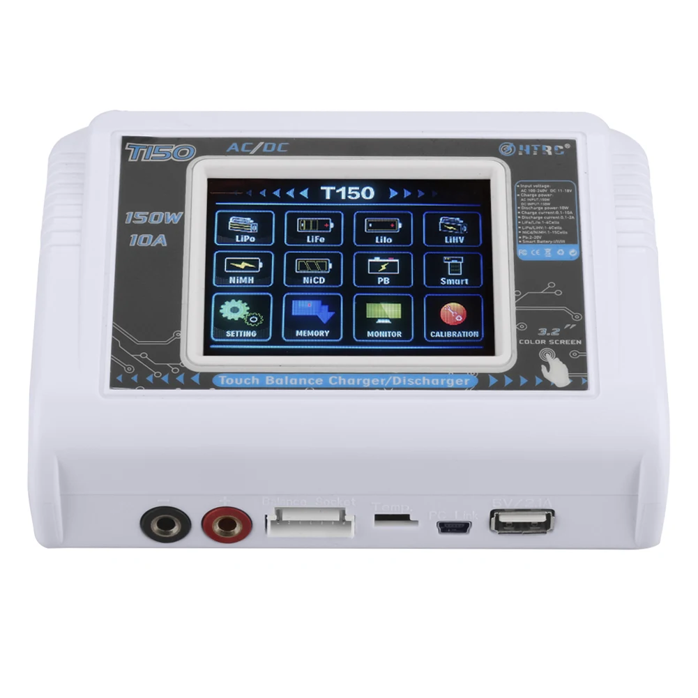 

New HTRC T150 AC/DC 150W 10A Touch Screen RC Balance Smart Charger Discharger for LiPo LiHV LiFe Lilon NiCd NiMh Pb battery