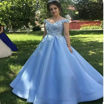 

Elegant Blue Muslim Evening Dress Arabic Off Shoulder Lace Prom Dress Floor Length Lace Up Plus Size Formal Graduation Gown 2019