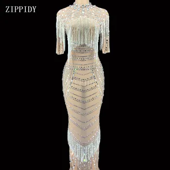 

Sexy Mesh Silver Crystals Chains Long Dress Women Wedding Birthday Celebrate Evening Transparent Prom Mesh Rhinestones Dress