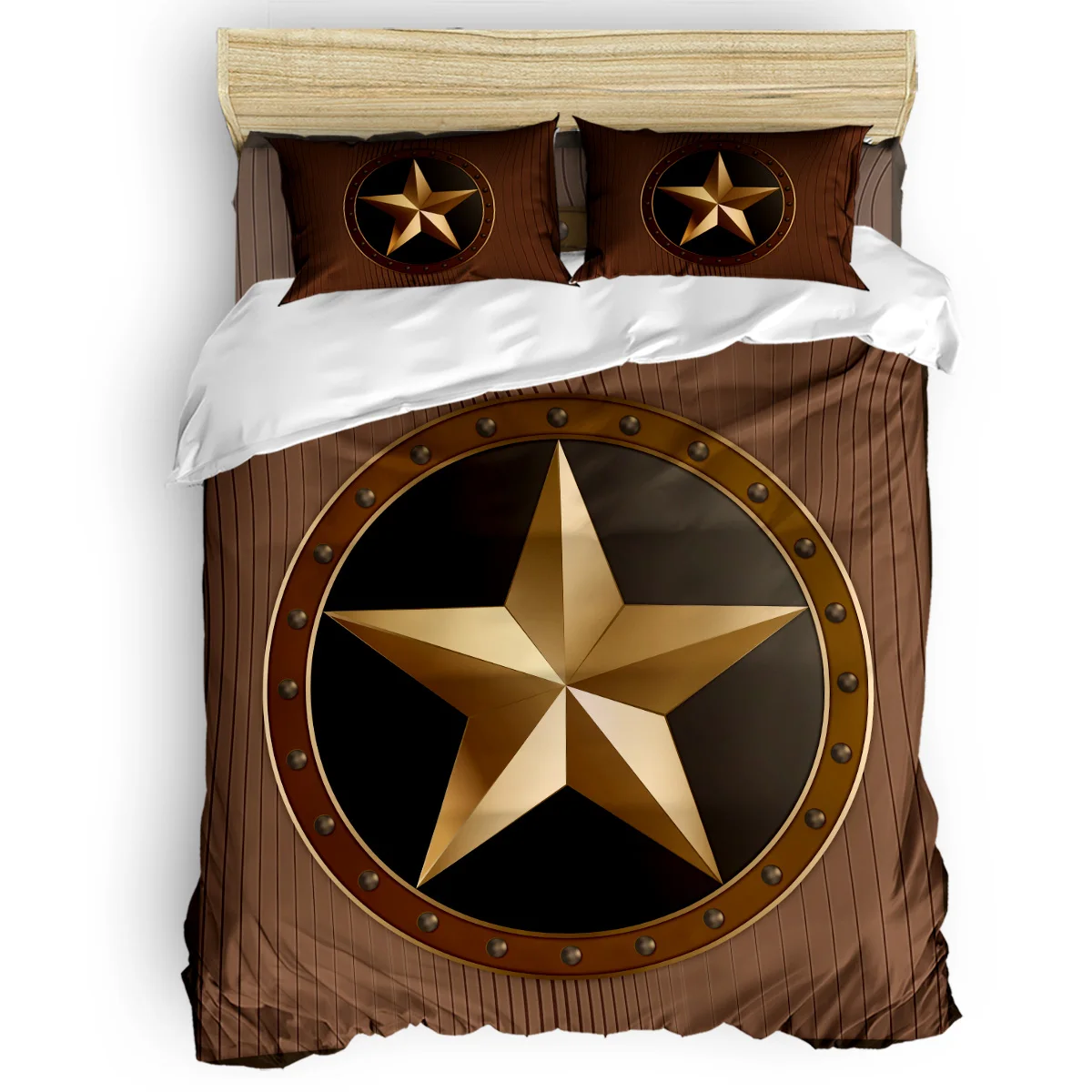 

FamilyDecor 4pcs Bedding Set Vintage Shiny Star Badge With Wood Grain Background Duvet Cover Set Customizable