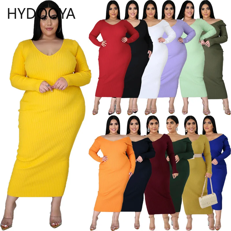 Plus Size Ribbed Knitted Dresses Women Clothing Solid Deep V Neck Long Sleeve Backless Mid Calf Dress Hot Dropshipping Wholesale