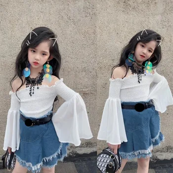 

spring two piece skirt set outfits girls kids children chiffon shirt + jeans skirt off the shoulder tassels pleated 2 to 8 yrs