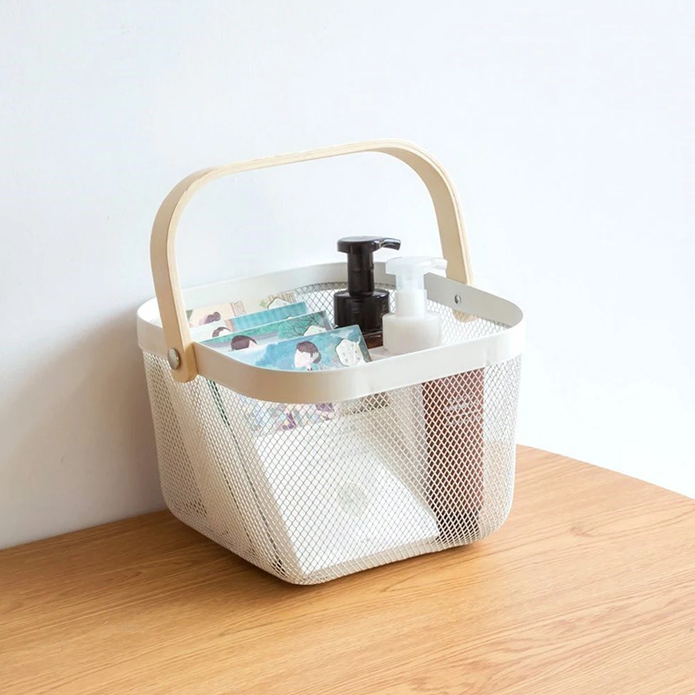 Vegetable Organizer Home Metal Container Wooden Handle Portable Practical Decorative Storage Basket Large Capacity Wire Mesh