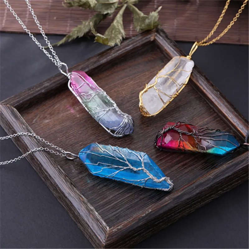 Vintage Irregular Natural Stone Crystal Pendant Necklace Women Men Wire Wrap Tree of Life Pendants Pendulum Gems Rainbow Jewelry