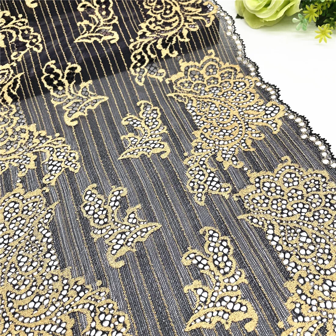 3y/lot Width 11 inch 28cm Ginger Black Yellow Stretch Elastic Wide Lace Trim 2