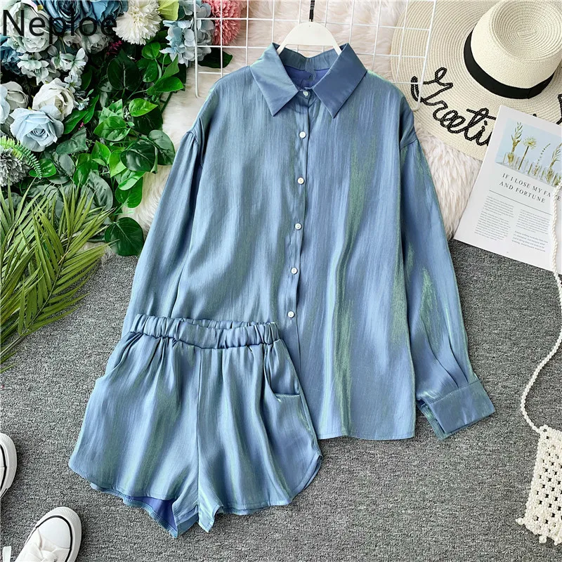Neploe Fashion Casual 2021 News Women 2 Piece Set Loose Wild Cardigans Tops Solid Lace Up Elastic Waist Shorts Autumn 45543 |