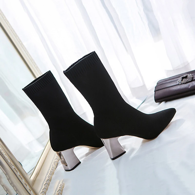 MAIERNISI New Stretch socks boots Women Shoes Mid-Calf boots spring winter elegant Square high heel shoes female Plus size 40