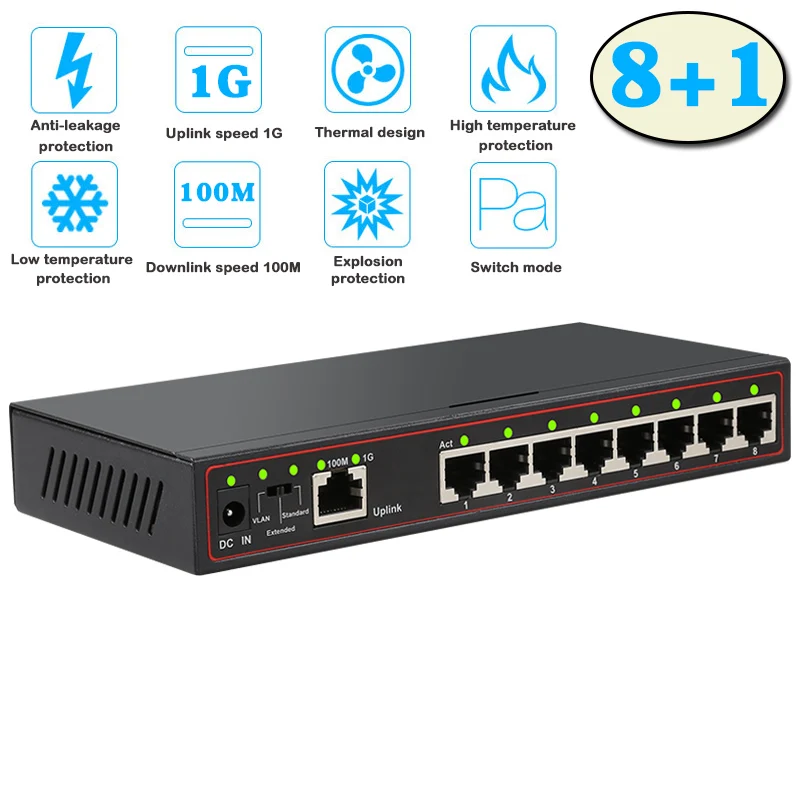 Интеллектуальный гигабитный коммутатор Vlan С 9 портами 100 + 1000 м настольный сетевой