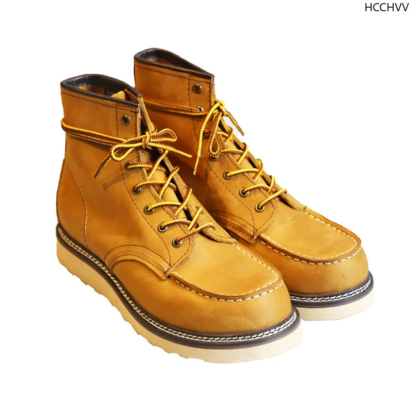 Handmade High Quality Fashion Genuine Leather Men Wings Ankle Boots Outdoor Motorcycle Boots Lace-up Work Wedding