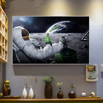 

Beers Outer Space Earth Astronauts Relaxing Moon Canvas Painting Posters and Prints Wall Art Picture for Living Room Home Decor