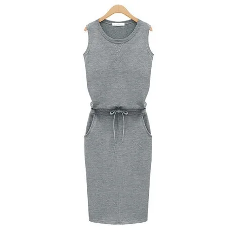 Летнее женское платье, модное, однотонное, хлопковое, облегающее, с карманами, платье-карандаш, для работы, без рукавов, сексуальное, Повседневное платье, Robe Femme J2218 - Цвет: Grey
