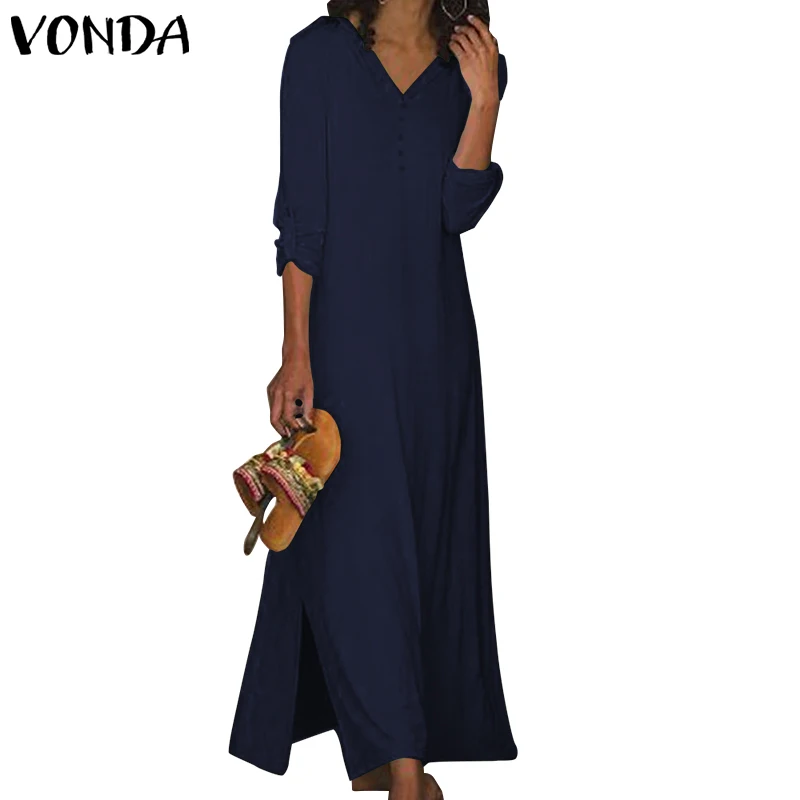 VONDA/богемное платье, пляжные платья, винтажные однотонные вечерние платья с длинным рукавом, длинное платье размера плюс, женское платье, S-5XL, сарафан