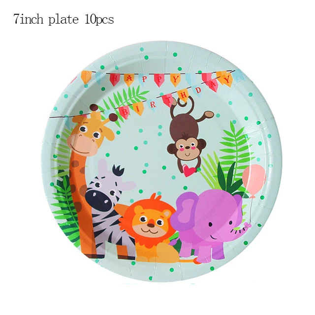 7inch plate 10pcs Джунгли животных Слон Лев Обезьяна Жираф Зебра тематические праздничные бумажные чашки на тему Зоопарка Дети День Рождения Декор одноразовая посуда - Цвет: 7inch plate 10pcs