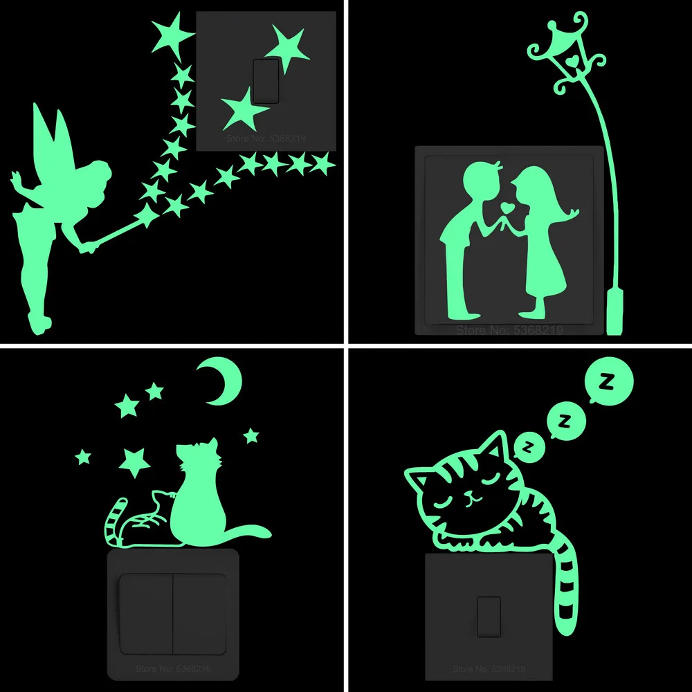 Switch Decoration Luminous Sticker Glow in the Dark Wall Stickers Kids Room Home Decor Cartoon Sticker Decal Cat Fairy Moon Star