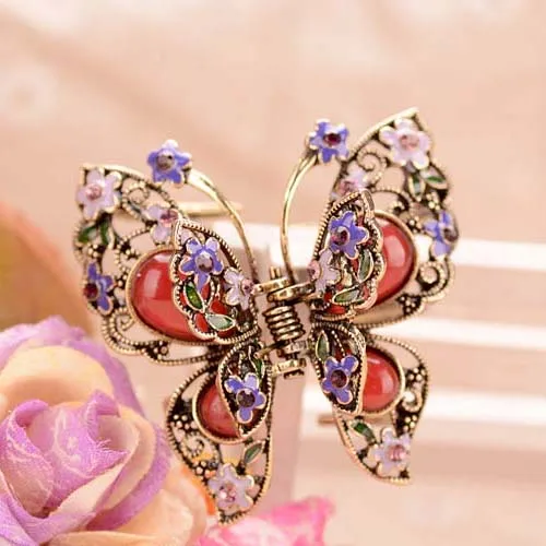 butterfly purple Morkopela Винтаж коготь для волос металлическая бабочка цветок заколка для волос аксессуары для женщин Банкетный коготь для волос краб украшения для волос со стразами - Окраска металла: butterfly purple