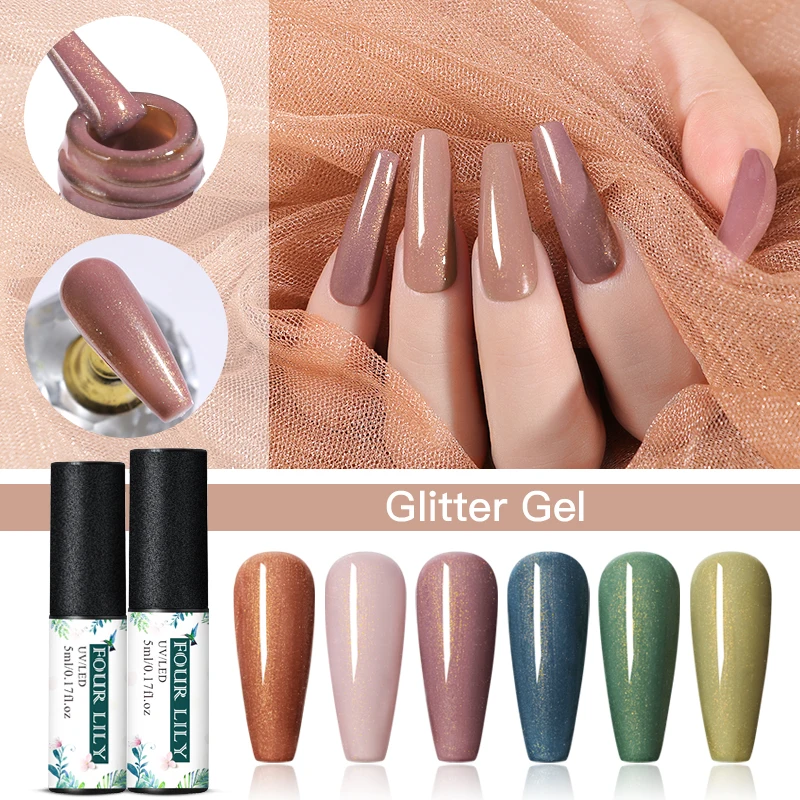 

Four Lily UV Gel Nail Polish Nude Gold Soak Off Shining Gel Varnish Color Nail Gel Polish DIY Nail Art Lacquer