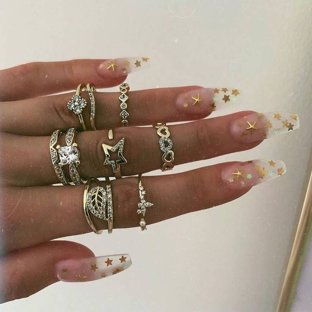 Crystal Geometry Knuckle Finger Ring Set For Women Eye Flower Leaves Charm Chain Rings Female Bohemia Jewelry
