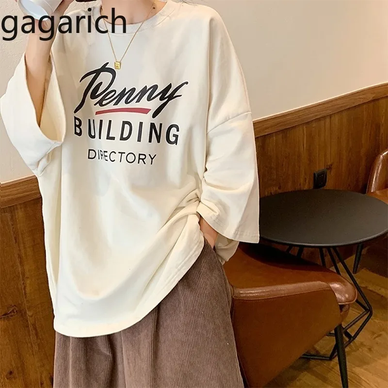 Gagarich Women Spring T-shirts New O Neck Three Quarter Sleeve Midi Long Femme Tops Korean Fashion Letter Print Loose T Shirt | Женская