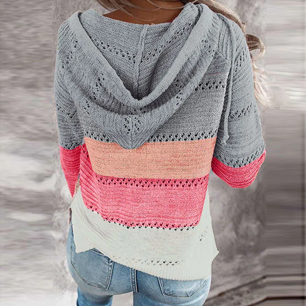 New Women Sweatshirt 2020 zip knitted hoodies lady Patchwork Long Sleeves Hooded Sweatshirt Sweater Cardigan blusas Tops 2