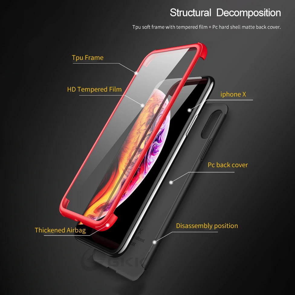 Оригинальный чехол GKK для iPhone X XS полноразмерный Матовый Жесткий из ПК с мягкими