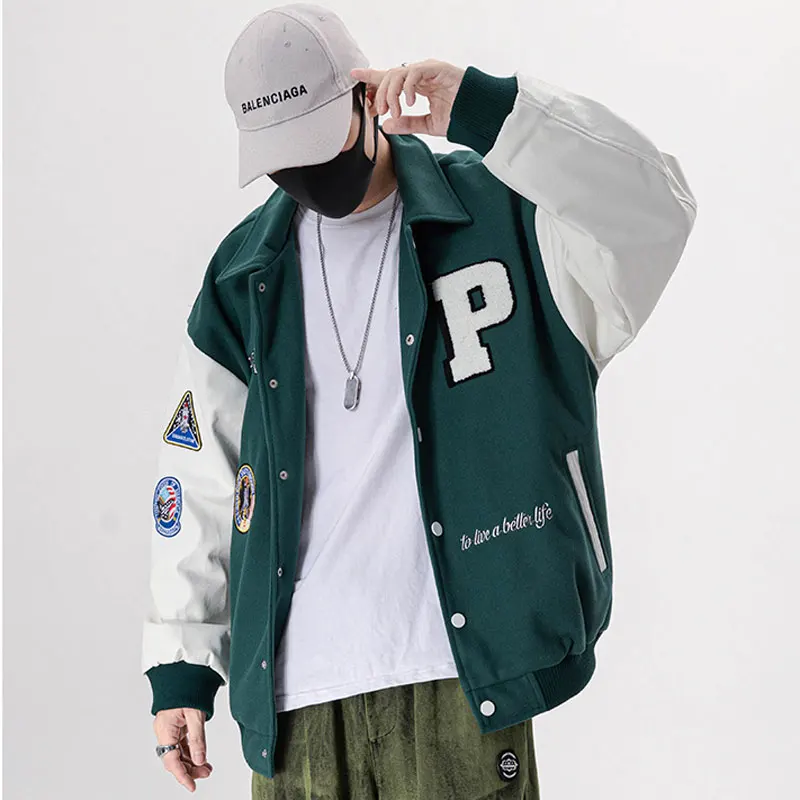Men's Varsity Uniform Baseball Jacket PU Leather Sleeve Single Breasted Appliques Bomber Jacket Embroidery Patches Casual Coat