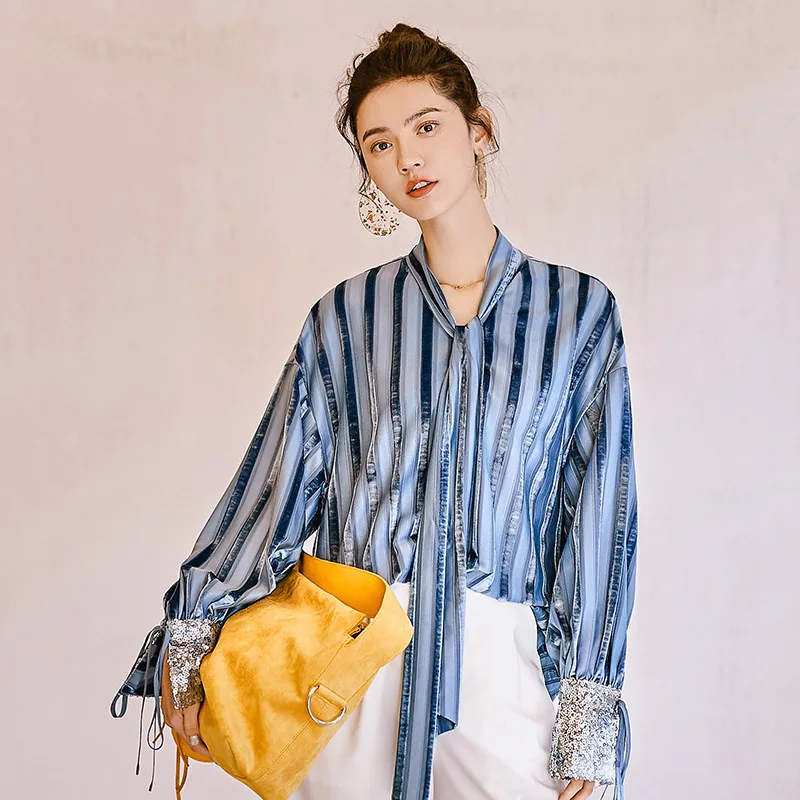 Модная темпераментная рубашка Bluestriped рубашка с галстуком-воротником для женщин, Новая модная женская блузка с длинным рукавом, Vestido YG59315