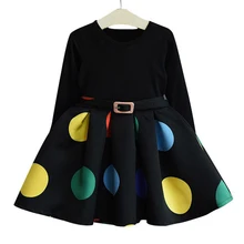 Платье в горошек с длинными рукавами для девочек детские черные платья принцессы с поясом Детские Вечерние платья на весну и осень