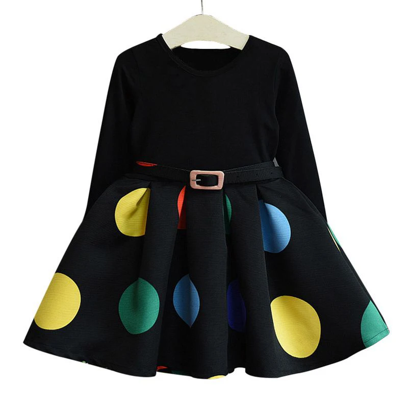 

2019 Girls Long Sleeve Polka Dot Dress Kids Belt Stitching Black Princess Dresses Children Spring Autumn Party Wedding Clothing