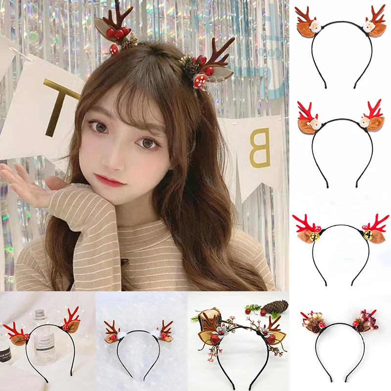 Christmas Headband Reindeer Antlers Horn Flower Hair Band Clasp Headwear for Kids Adult New Year Navidad Party Halloween Cosplay