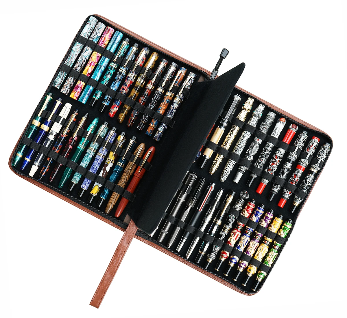 Real Leather Fountain Pen / Rollerball Pen Case for 46 Pens Cowhide Coffee Holder Pencil Bag, Fits In Various Size Office Gift