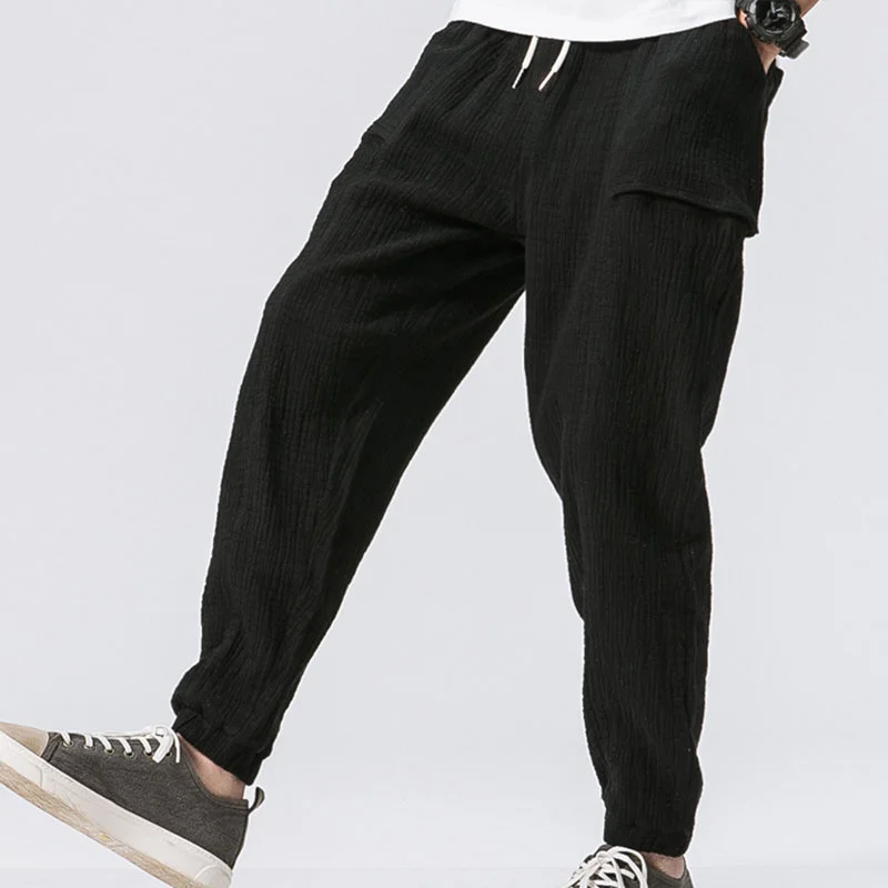 Черные хлопковые льняные брюки мужские осенние Мешковатые Свободные льняные брюки повседневные льняные шаровары мужские размера плюс мужские брюки - Цвет: black