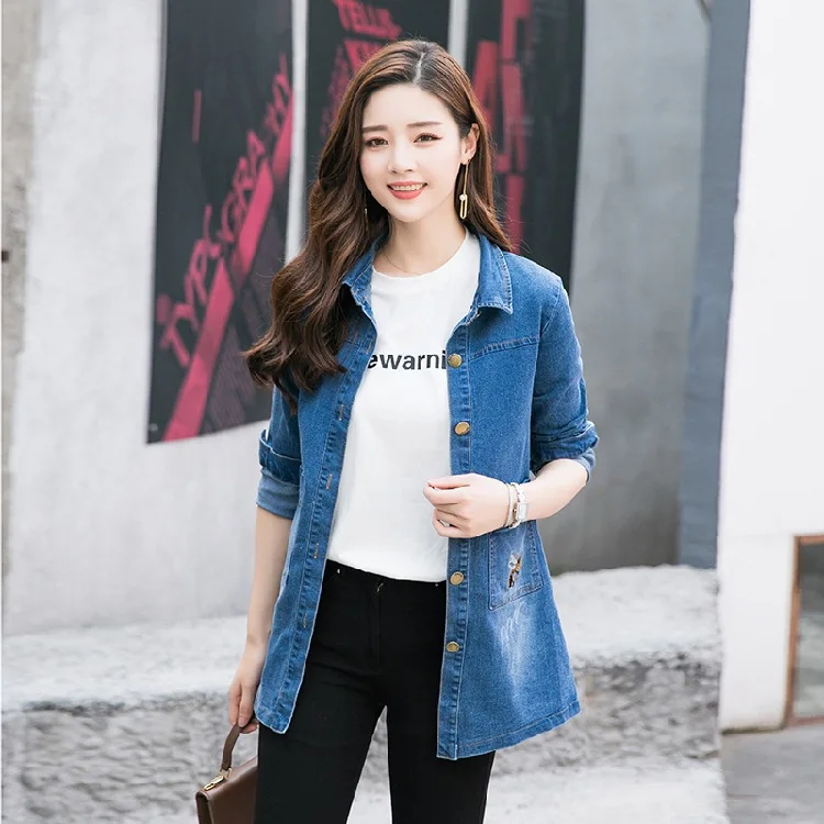 

Jeans Coat Women's Spring And Autumn Mid-length 2018 New Style Korean-style Fashion Versatile Embroidered Cowboy Clothing Long S