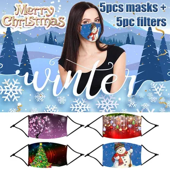 

5pc Christmas M-ask For Adult Comfortable Cotton Face-m-ask Washable Christmas Pattern Design Decoration For 2020 New Year