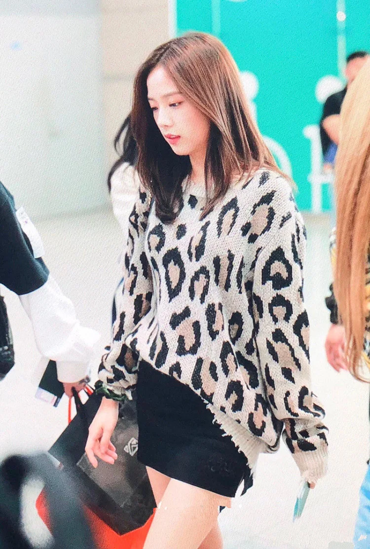 Kpop Черный Розовый jisoo же Осень Теплый леопардовый вязаный свитер Женская корейская мода Harajuku стиль круглый вырез пуловер Свитера