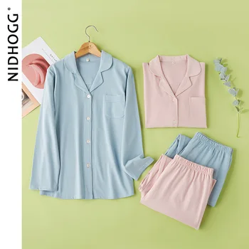 

New Simple Knitted Cotton Pocket Pajamas Long Sleeve Lapel Thin Womens Pajama Set Solid Couple Pijamas Female 2 Piece Sleepwear