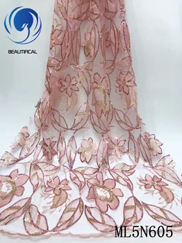 

Beautifical african lace fabrics 2019 New embroidery flowers tulle mesh lace with sequins 5yards lace women fabric ML5N605