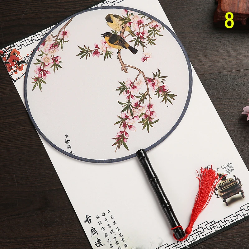 13 Colors Round Hand Fan Chinese Style Vintage Printing Silk Fan Wedding Party Dance Accessories