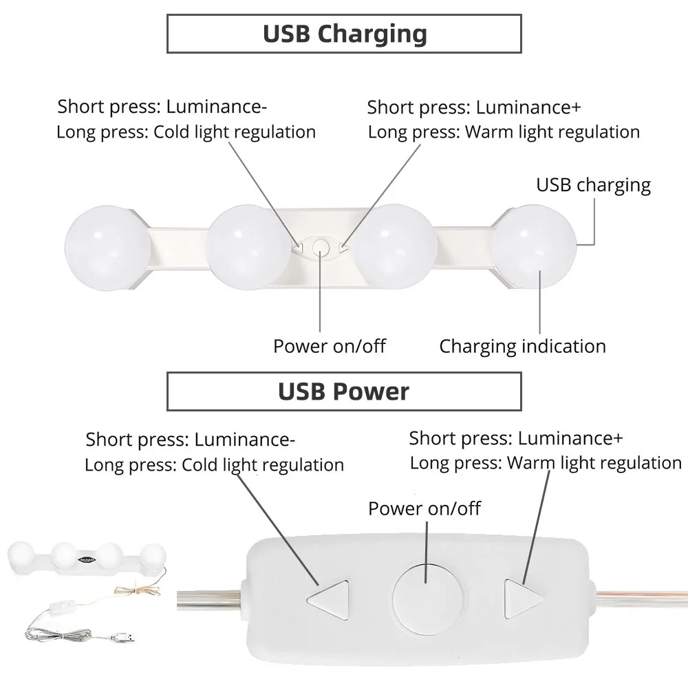 Светодиодный светильник-зеркало s, голливудская лампа, Косметическая лампа, светильник для макияжа, USB, 4 лампы, перезаряжаемый, регулируемая яркость, светильник, зеркальные лампы