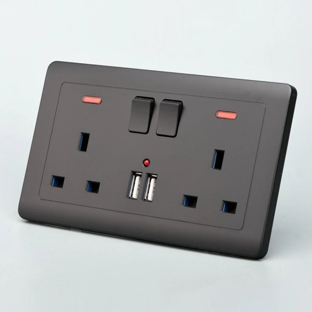 Double Wall UK Plug Socket 2 Gang 13A with 2 USB Charger Port Outlet Plates.