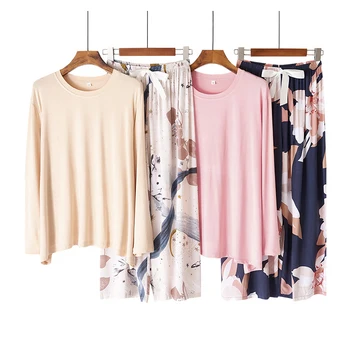 

Japanese new style ladies pajamas simple floral large floral long-sleeved trousers home service two piece set spring and autumn