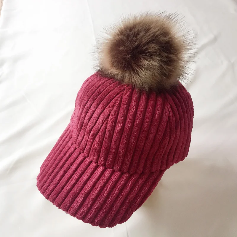 Новинка, толстая бархатная осенне-зимняя женская шапка, теплая шапка с ушками, с искусственным кроличьим мехом, с помпоном, бейсбольная кепка для дам, вельветовые повседневные Шапки - Цвет: Rosy